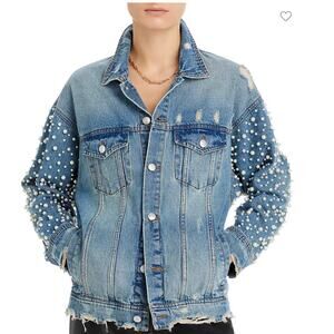 Sunset & Spring Embellished Distressed Denim Jacket Sz Sm Pearls Bloomingdales